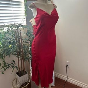 Red satin button side dress